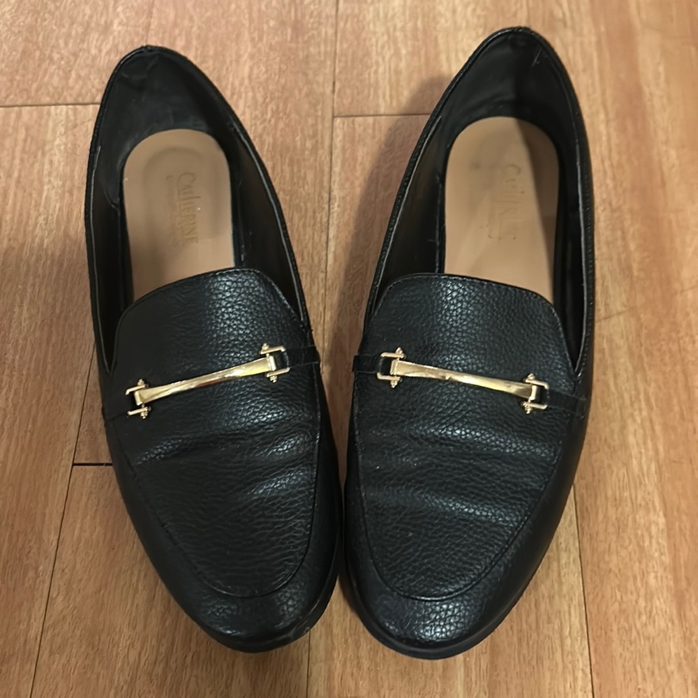 Catherine by Catherine Malandrino Black Loafers with Gold Buckle. Size 7.